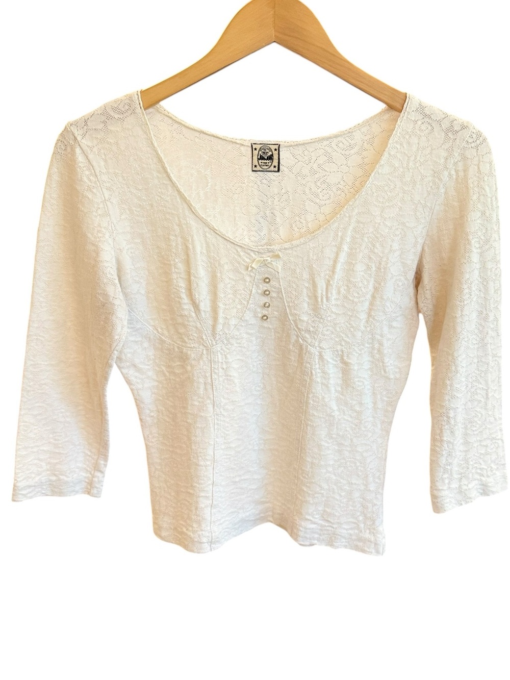 Y2K Jou Jou Ivory Sheer Lace Fitted Top 3/4 Sleeve S/M Floral Coquette Cottage